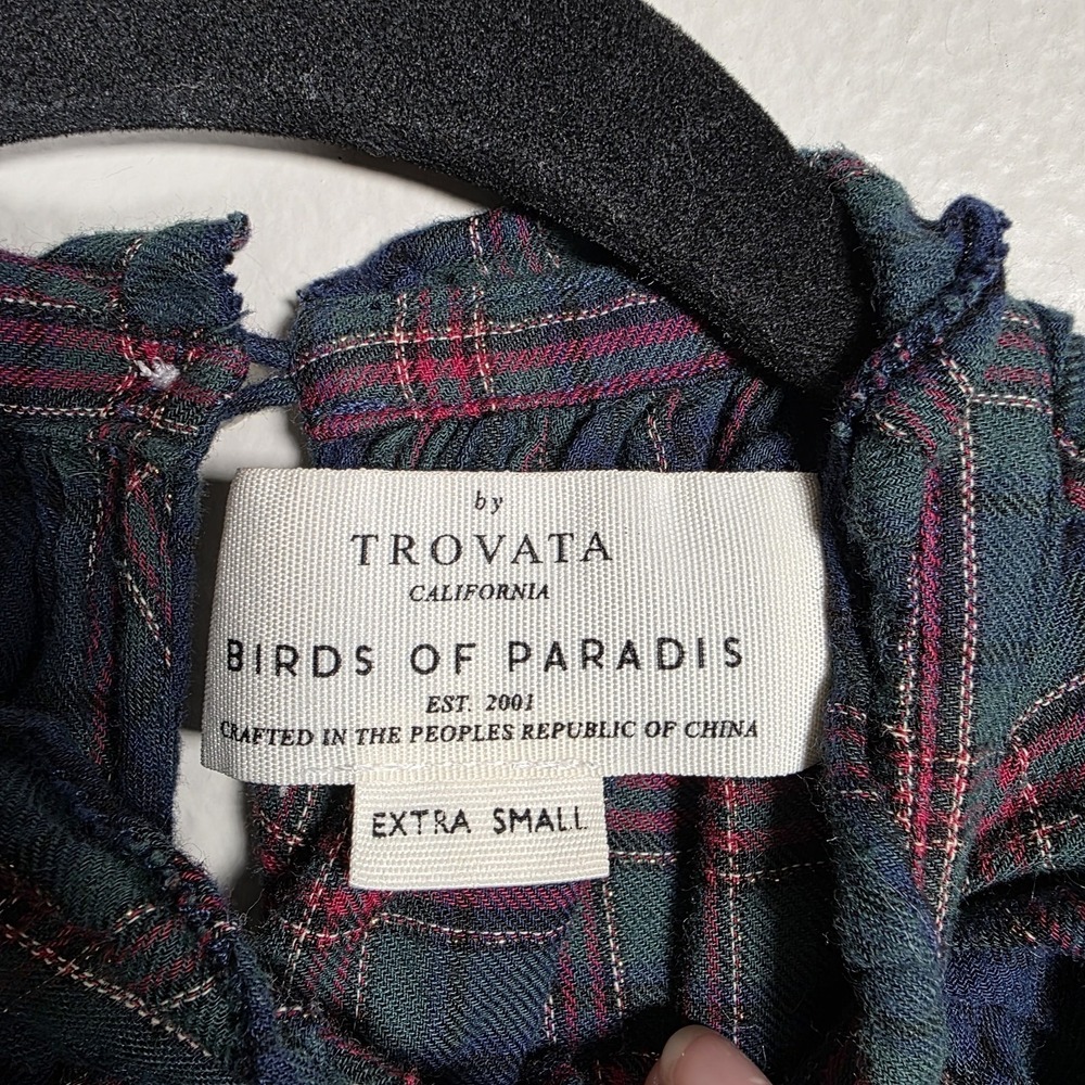 Birds Of Paradis by Trovata Carla Women's Plaid‎ Blouse Sz XS Blue Green Preppy - Picture 5 of 6